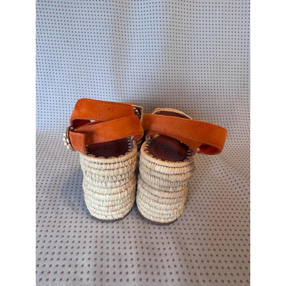 Tory Burch Orange Suede Espadrille Wedge Sandals 6.5 Whipstitch Ankle Strap - Picture 4 of 6